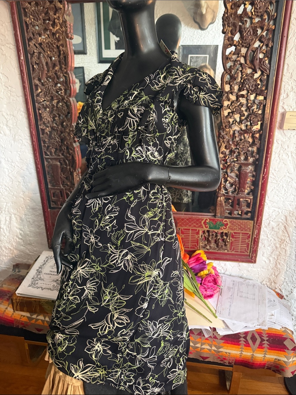 Floral Wrap Midi Dress in Black and Lime